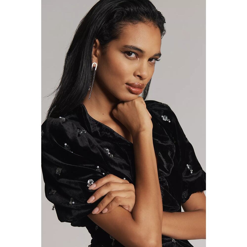 NWT Anthropologie Maeve Short-Sleeve Embellished Velvet Mini Dress $228 SIZE 6 - Picture 2 of 5